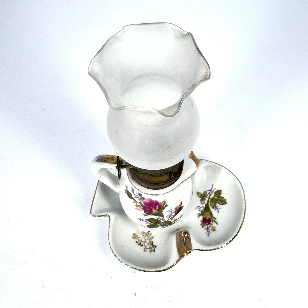 Vintage Miniature Finger Oil Lamp Porcelain‎ Floral Base Milk Glass Chimney